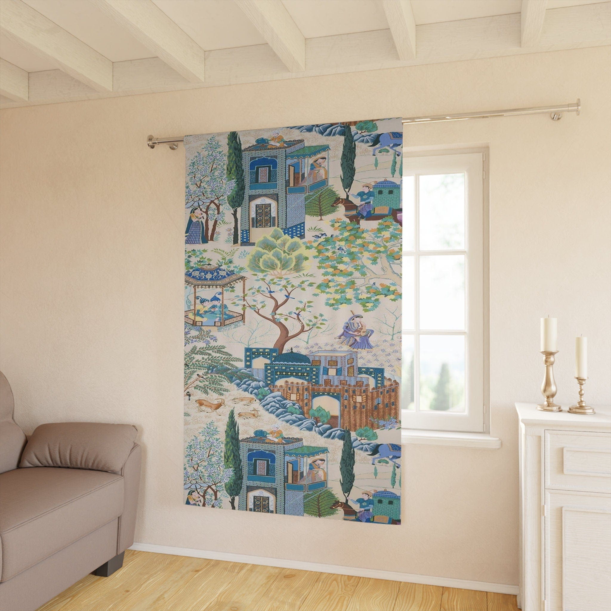 Kate McEnroe New York Vintage French Toile De Jouy Window Curtains with Traditional Asian Country Scene, Rustic Chic Blue, Green Floral Print Window CoveringsWindow CurtainsW3D - FRE - CHI - SH2