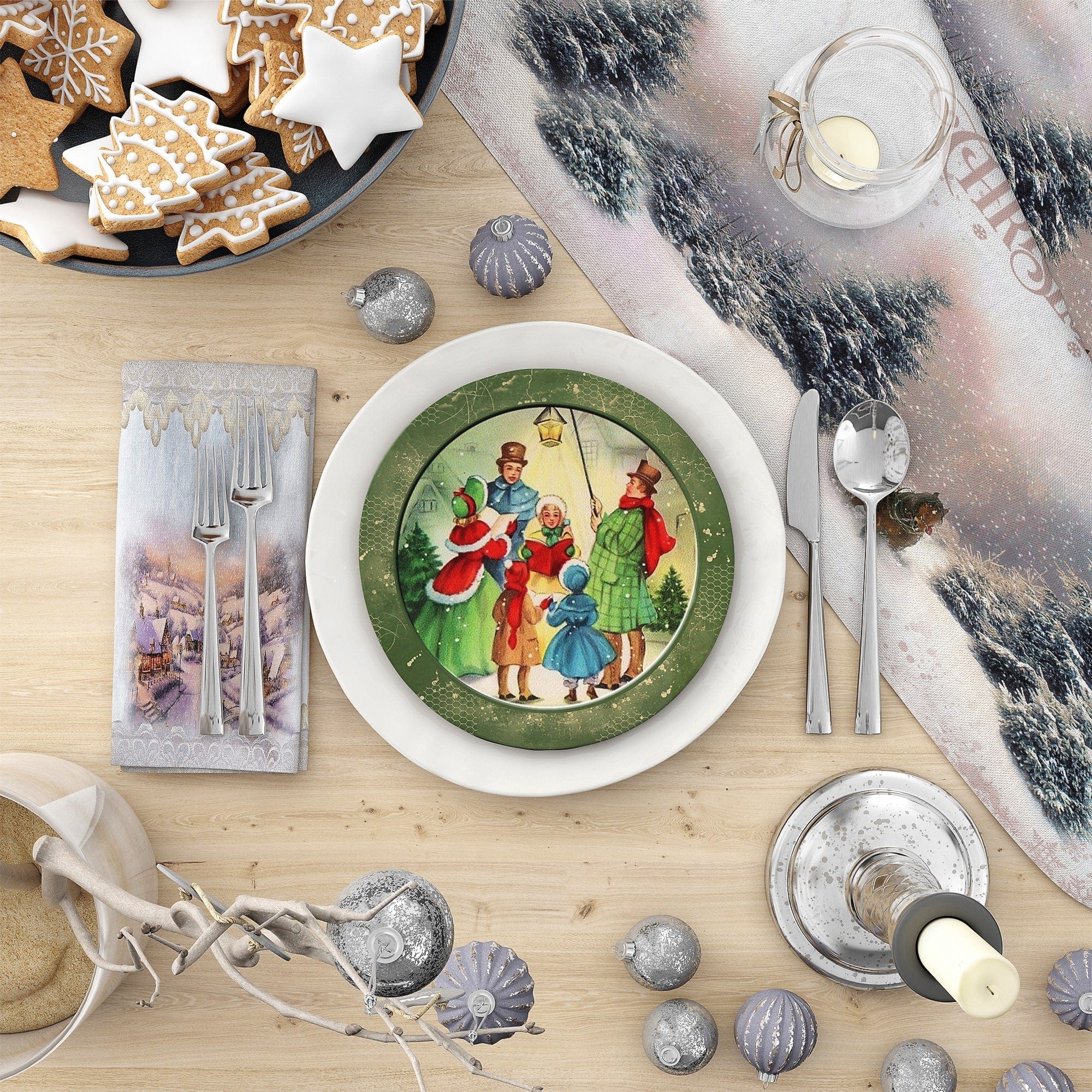 Kate McEnroe New York Vintage Green Christmas Carolers Scene Dinner PlatePlatesP20 - VIN - GRE - 4AS