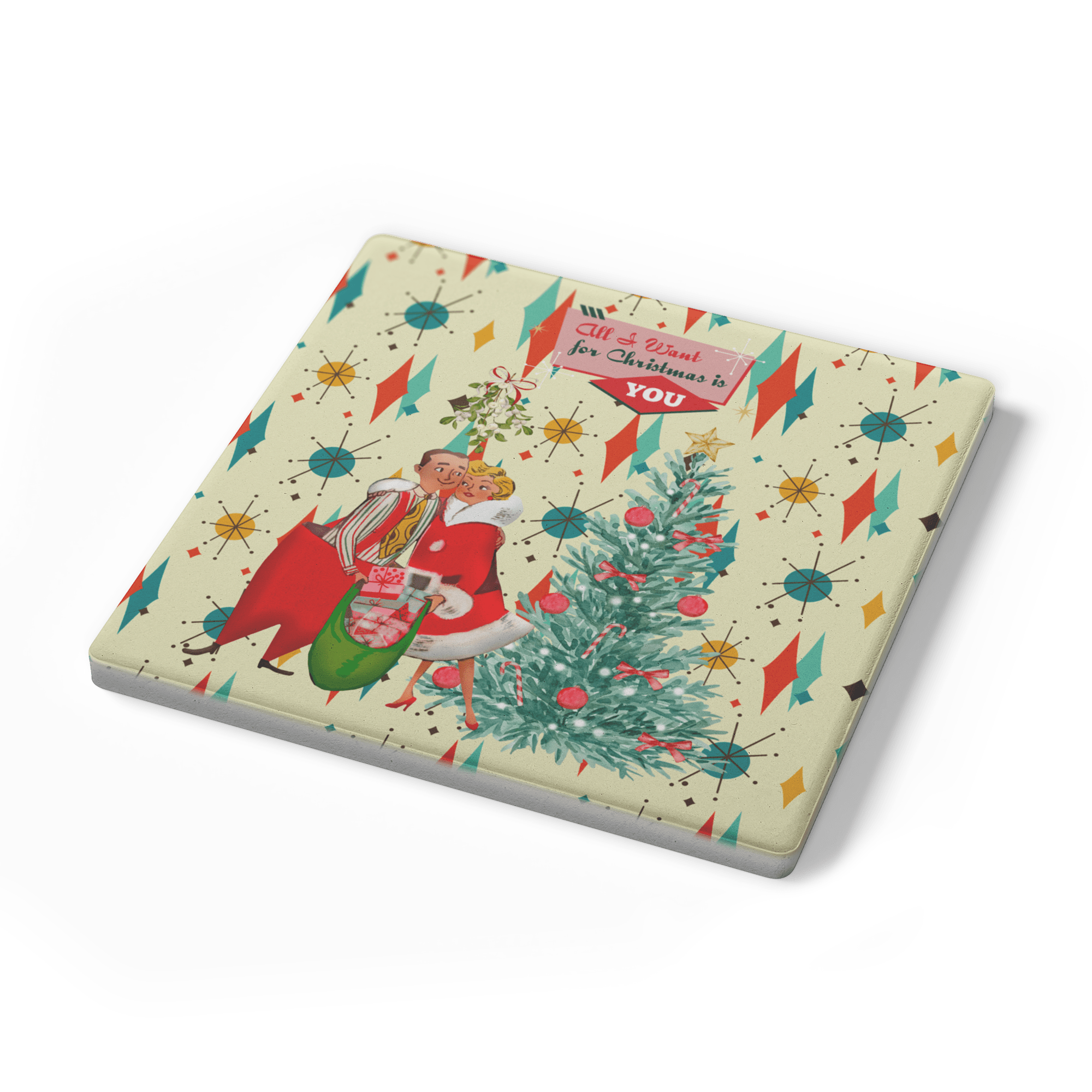 Kate McEnroe New York Vintage Kitsch Christmas Coasters, Mid Century Modern Holiday Soapstone Drink Set, Retro 50s Festive BarwareCoasters7021