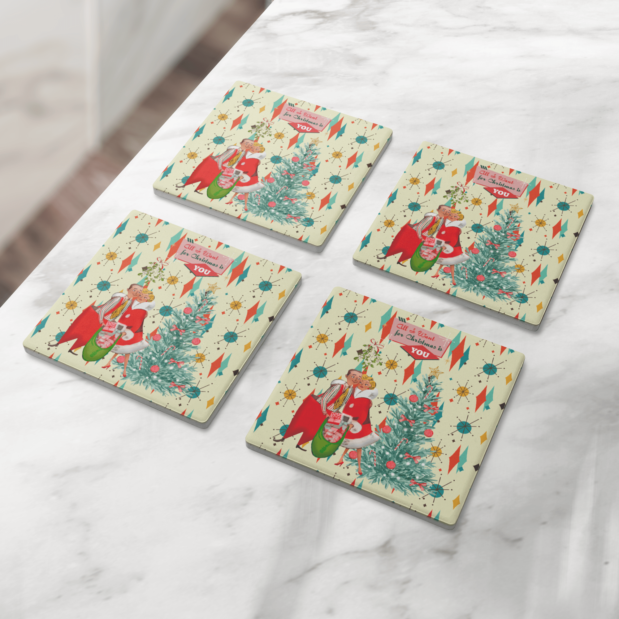 Kate McEnroe New York Vintage Kitsch Christmas Coasters, Mid Century Modern Holiday Soapstone Drink Set, Retro 50s Festive BarwareCoasters7021