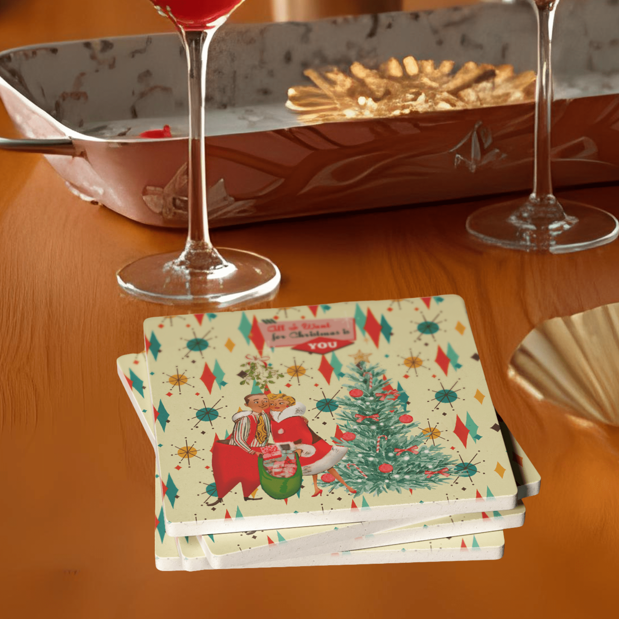 Kate McEnroe New York Vintage Kitsch Christmas Coasters, Mid Century Modern Holiday Soapstone Drink Set, Retro 50s Festive BarwareCoasters7021