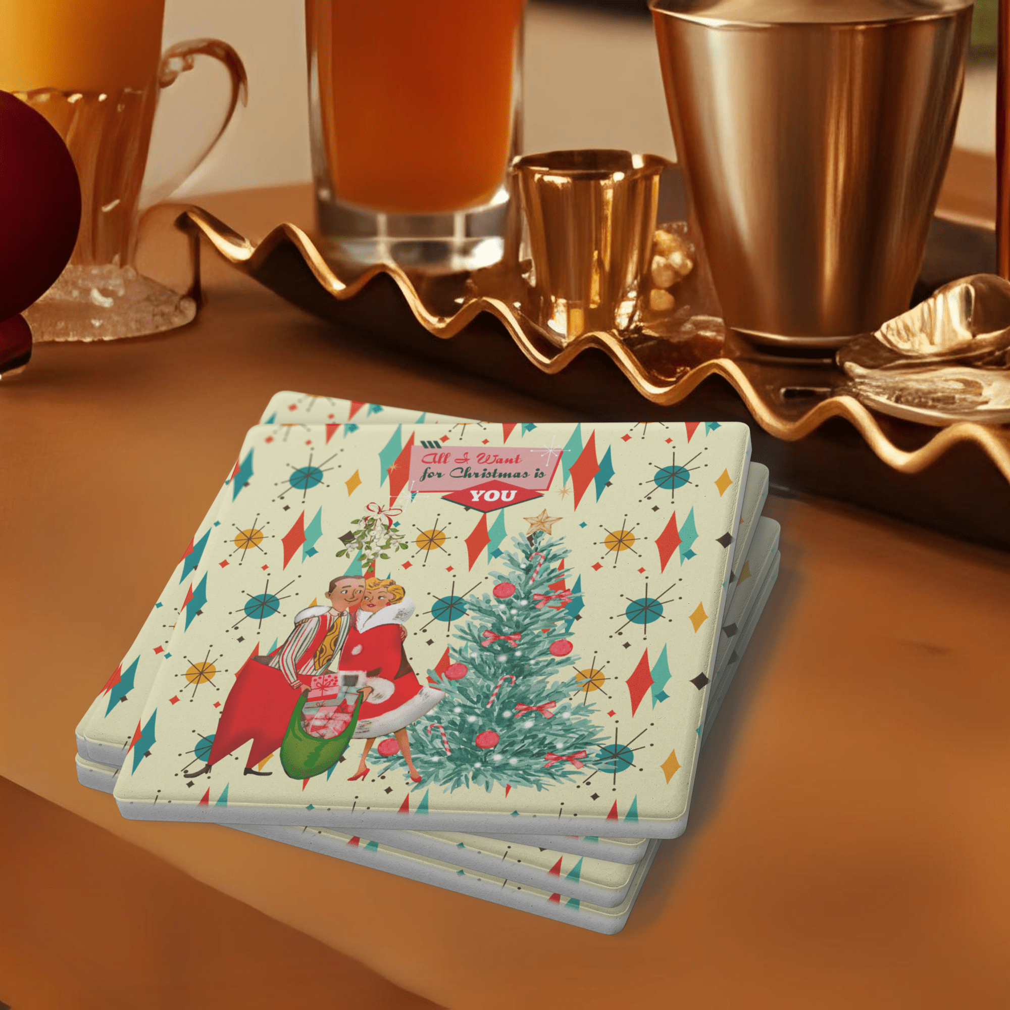 Kate McEnroe New York Vintage Kitsch Christmas Coasters, Mid Century Modern Holiday Soapstone Drink Set, Retro 50s Festive BarwareCoasters7021