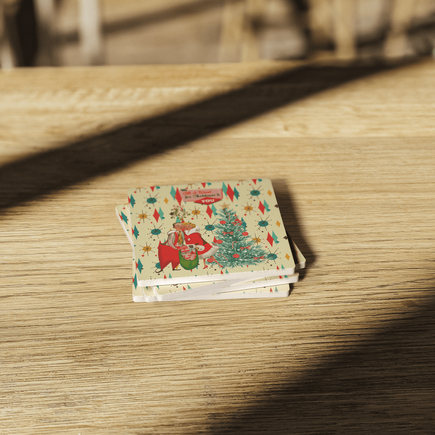 Kate McEnroe New York Vintage Kitsch Christmas Coasters, Mid Century Modern Holiday Soapstone Drink Set, Retro 50s Festive BarwareCoasters7021