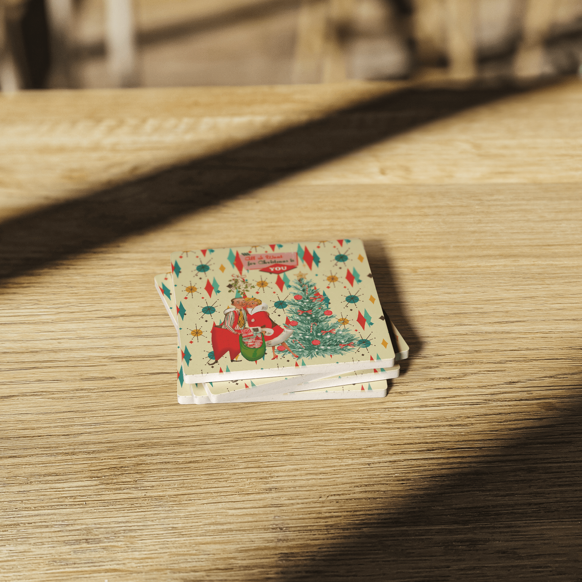 Kate McEnroe New York Vintage Kitsch Christmas Coasters, Mid Century Modern Holiday Soapstone Drink Set, Retro 50s Festive BarwareCoasters7021