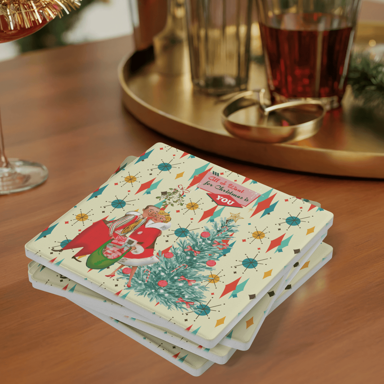 Kate McEnroe New York Vintage Kitsch Christmas Coasters, Mid Century Modern Holiday Soapstone Drink Set, Retro 50s Festive BarwareCoasters7021