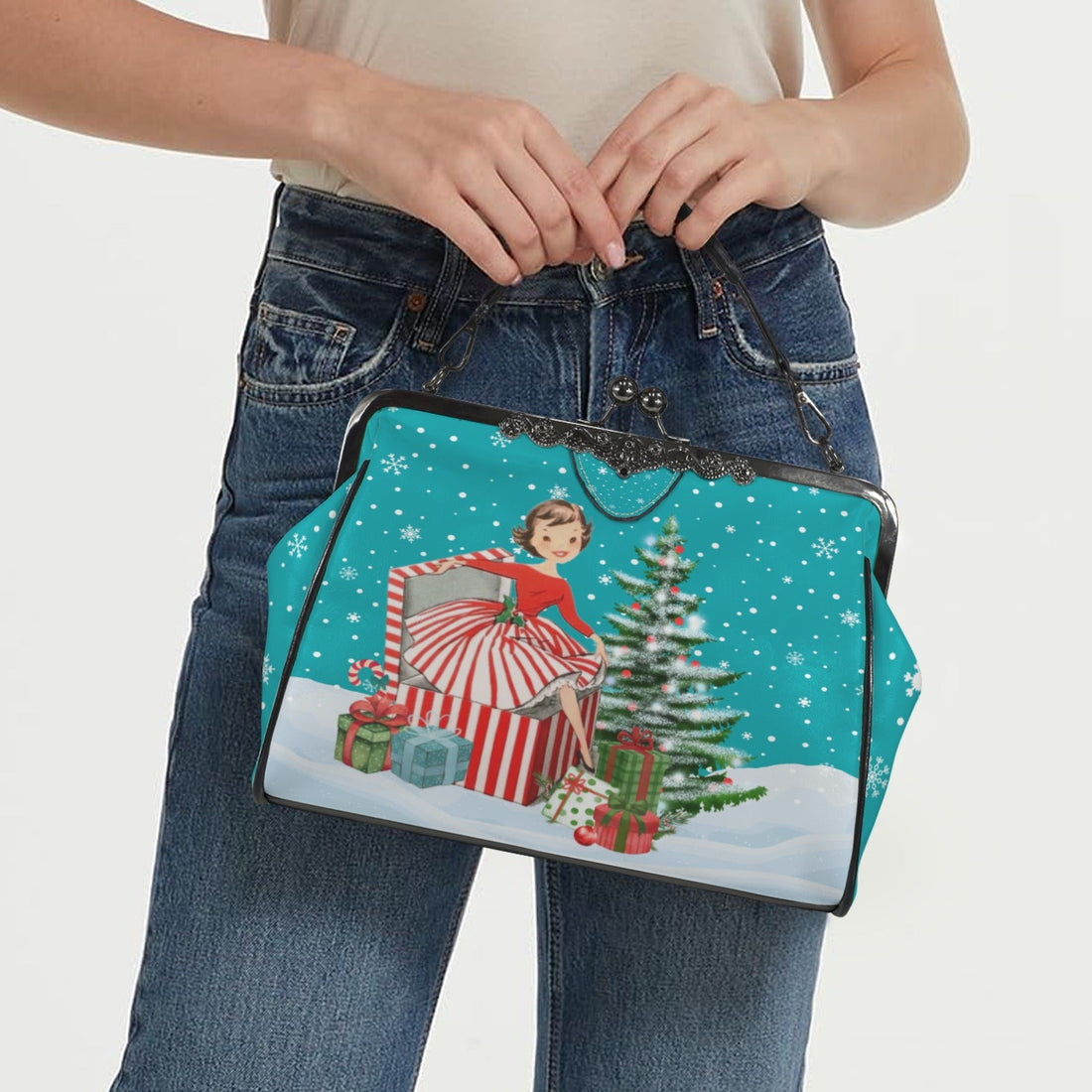 Kate McEnroe New York Vintage Kitsch Christmas Kisslock Purse, Retro Holiday Handbag, Mid Century Modern Winter BagCrossbody BagsD3197071