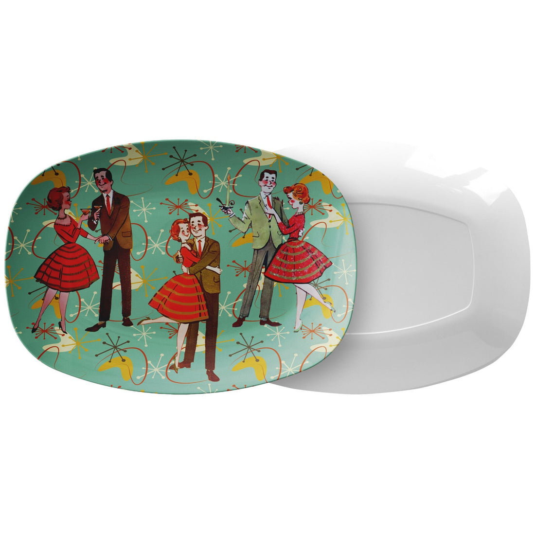 Kate McEnroe New York Vintage Kitsch Holiday Platter, Mid Century Modern Christmas Party Tray, Retro Dancing Couples Serving Plate, 50s MCM Holiday DecorServing Platters9727