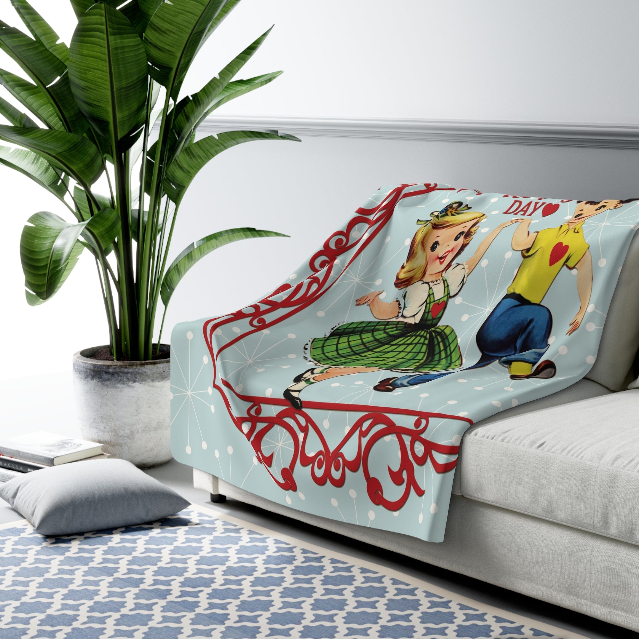 Kate McEnroe New York Vintage Kitsch Valentine Blanket, Mid Century Modern Dancing Boy Girl Retro Sherpa Fleece ThrowBlankets26751545671894066669