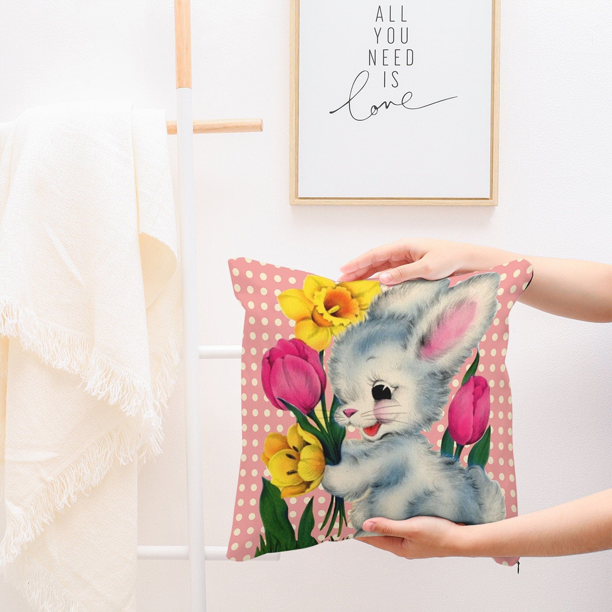 Kate McEnroe New York Vintage Kitschy Easter Bunny Throw Pillow Cover Throw Pillow Covers 14&quot; × 14&quot; 15030198451154958629