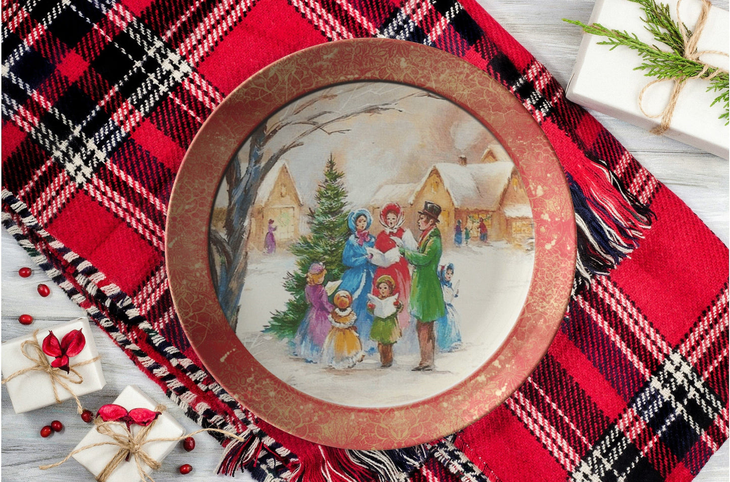 Kate McEnroe New York Vintage Red Christmas Carolers Scene Dinner Plate Plates