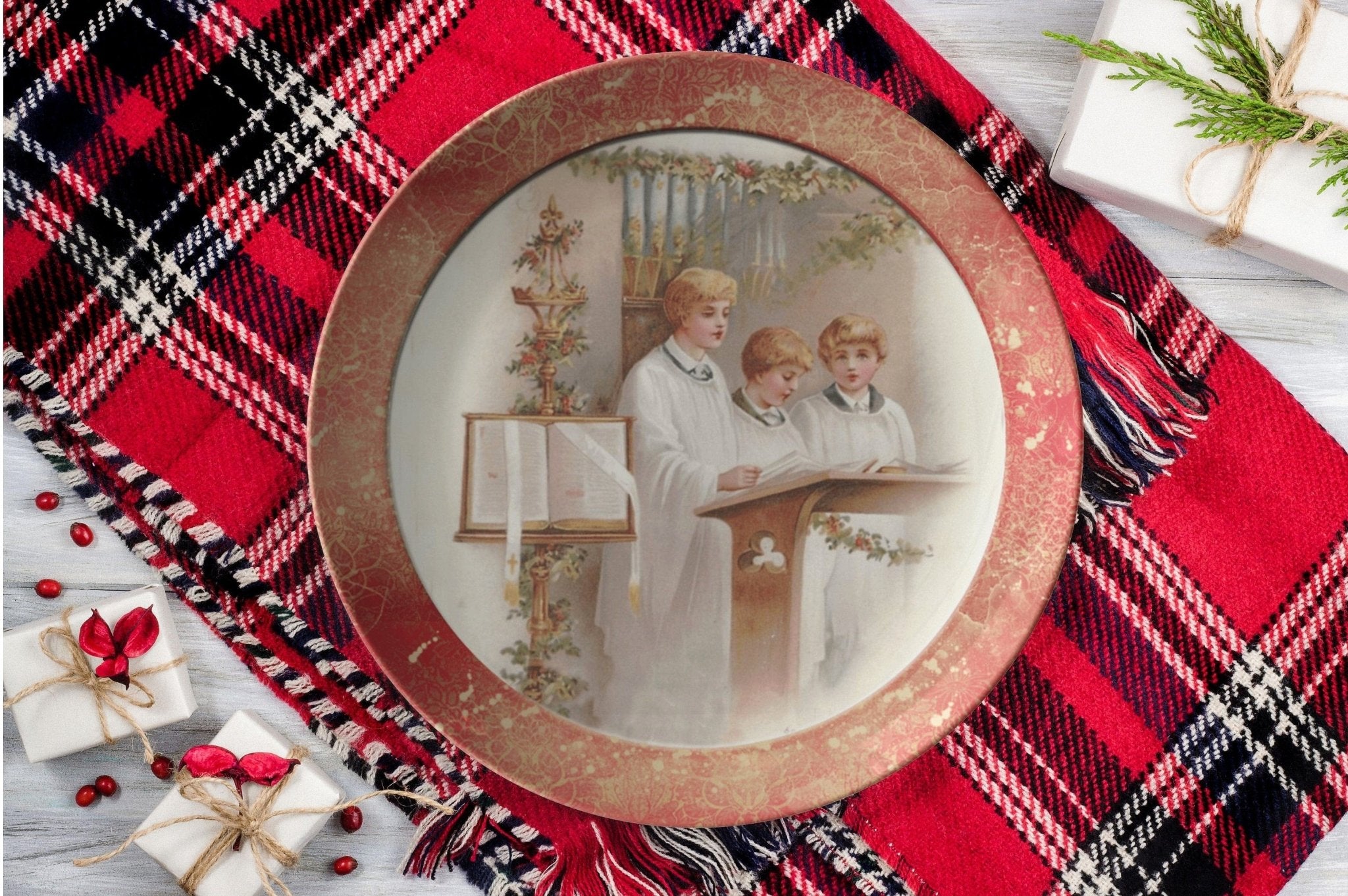 Kate McEnroe New York Vintage Red Christmas Carolers Scene Dinner PlatePlates9820SINGLE