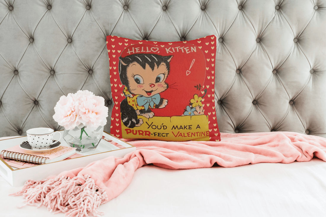 Kate McEnroe New York Vintage Retro Kitschy Kitty Valentine Throw Pillow Cover Throw Pillow Covers 14&quot; × 14&quot; 27250651806444615463