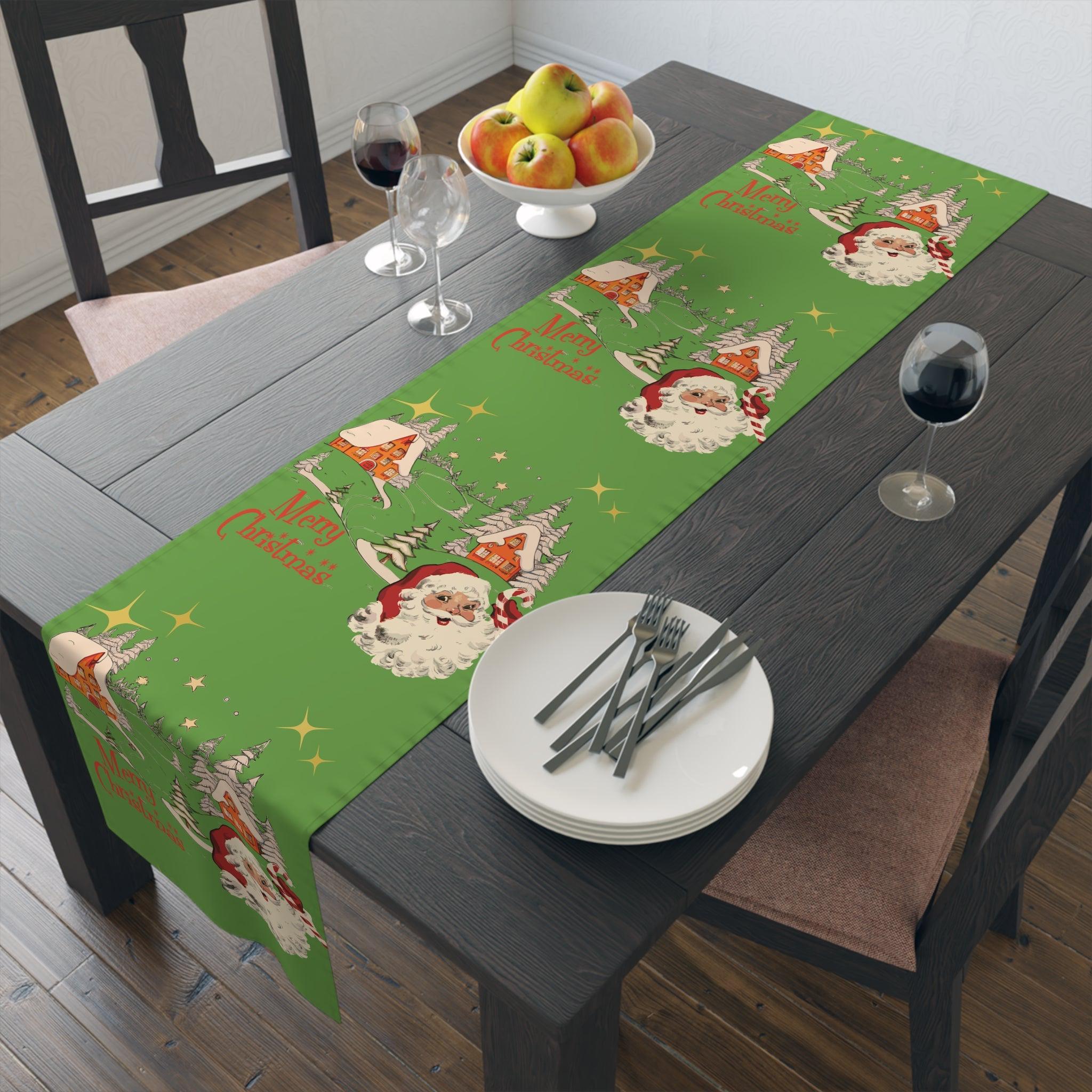 Kate McEnroe New York Vintage Santa Scandinavian Christmas Village Table Runner, Retro Holiday DecorTable Runners