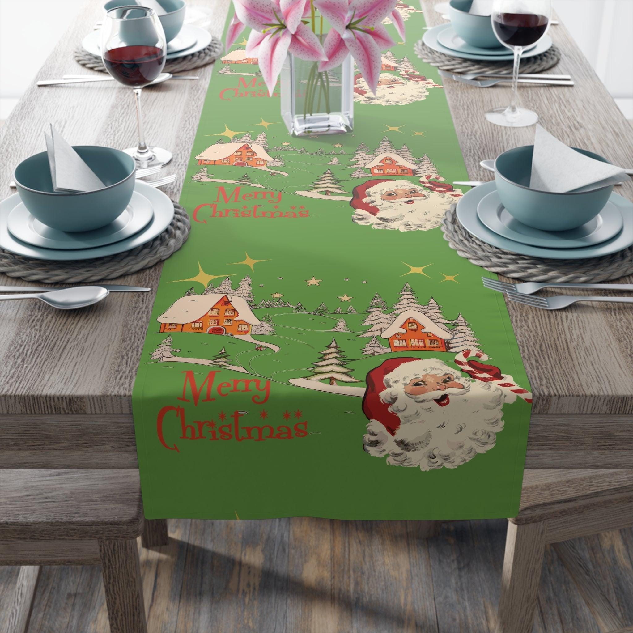 Kate McEnroe New York Vintage Santa Scandinavian Christmas Village Table Runner, Retro Holiday DecorTable Runners