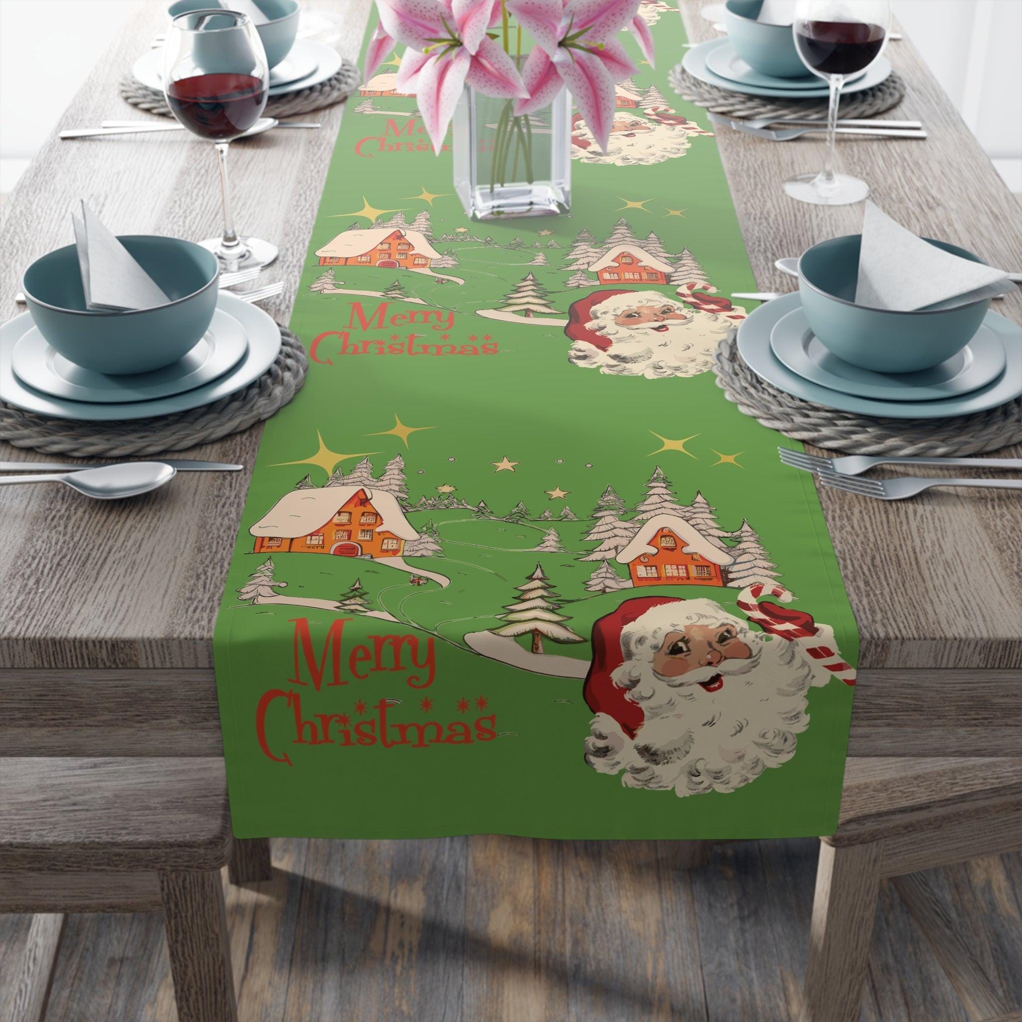 Kate McEnroe New York Vintage Santa Scandinavian Christmas Village Table Runner, Retro Holiday DecorTable Runners