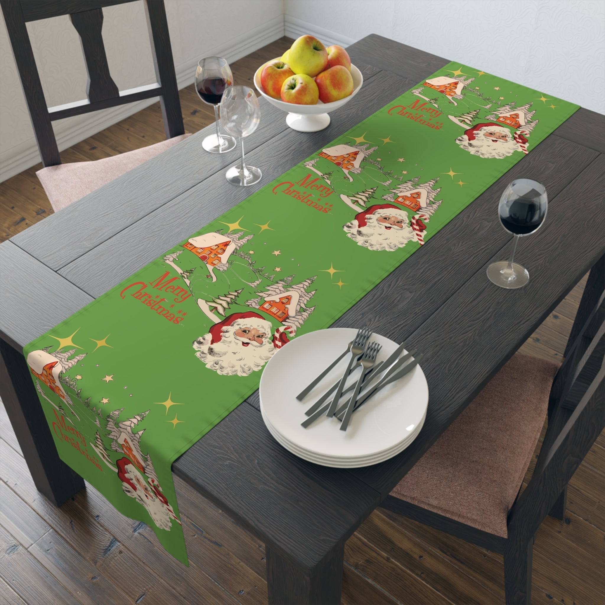 Kate McEnroe New York Vintage Santa Scandinavian Christmas Village Table Runner, Retro Holiday DecorTable Runners63370739877918611526