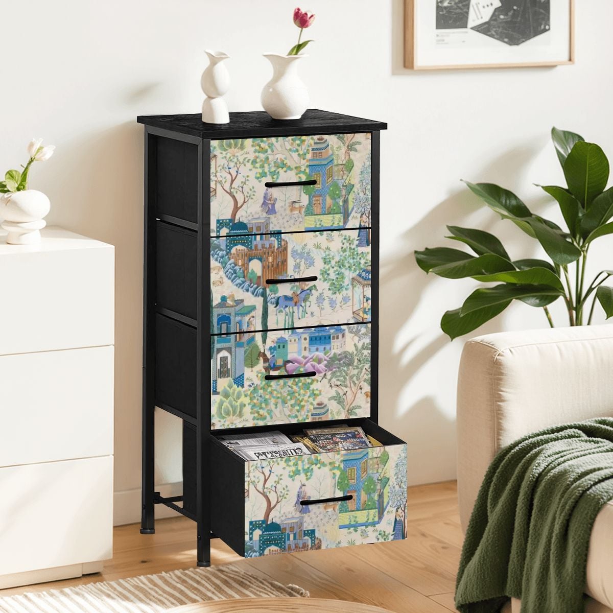 Kate McEnroe New York Vintage Toile De Jouy Blue Green Chinoiserie Floral Asian 4 Drawer DresserDressers9HK8Xjys3o