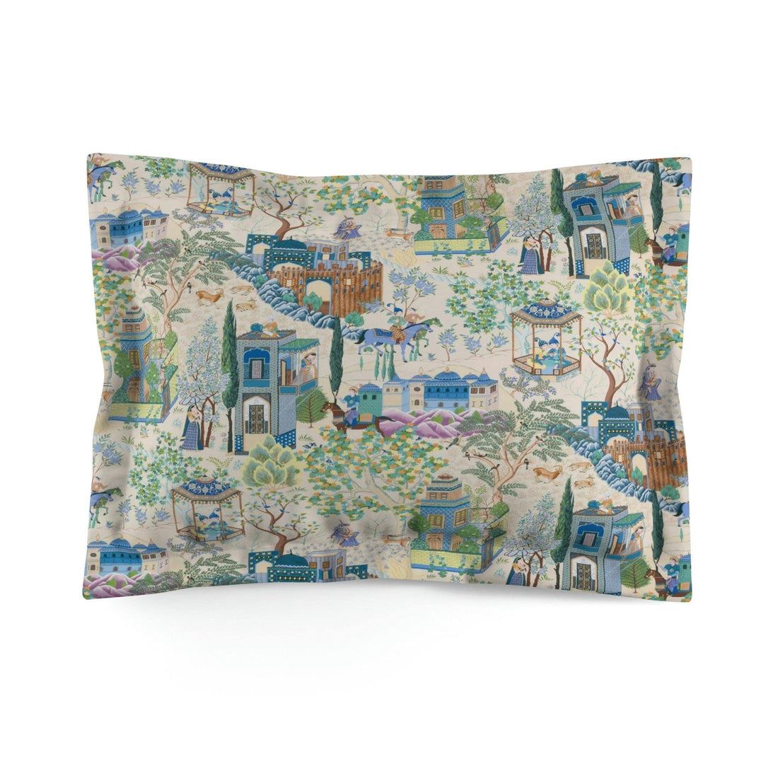 Kate McEnroe New York Vintage Toile De Jouy Pillow Sham, Blue and Green Floral Print Pillow Cover, Traditional Asian Country Scene with Horses, Rustic Chic Decor Pillow Shams