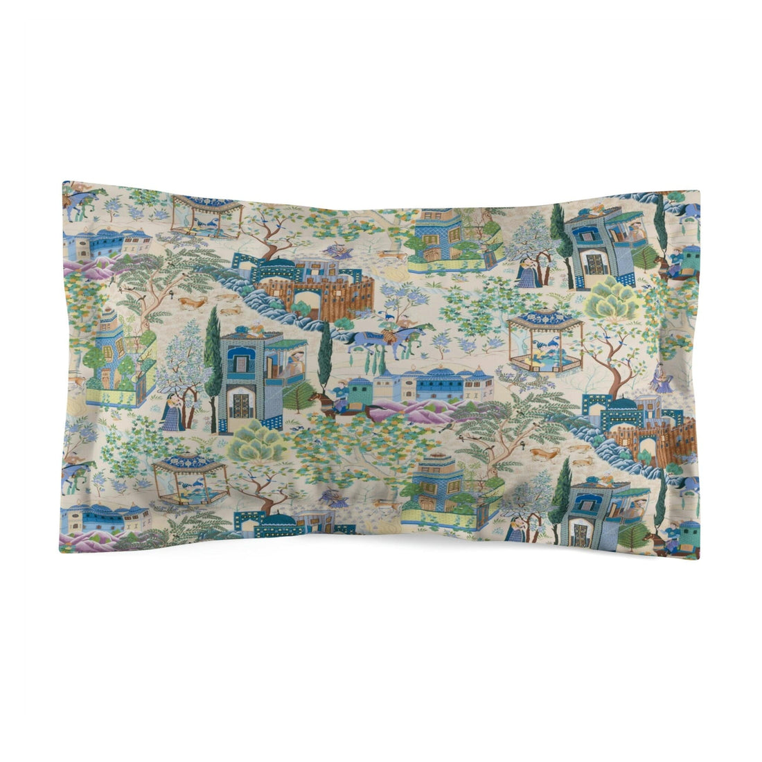 Kate McEnroe New York Vintage Toile De Jouy Pillow Sham, Blue and Green Floral Print Pillow Cover, Traditional Asian Country Scene with Horses, Rustic Chic Decor Pillow Shams