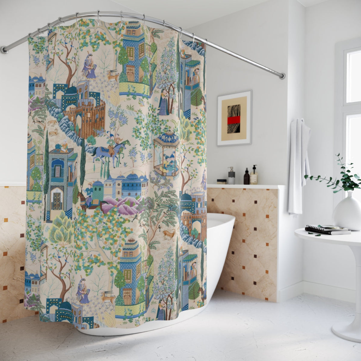 Vintage Toile De Jouy Shower Curtain, Blue, Green Chinoiserie Floral