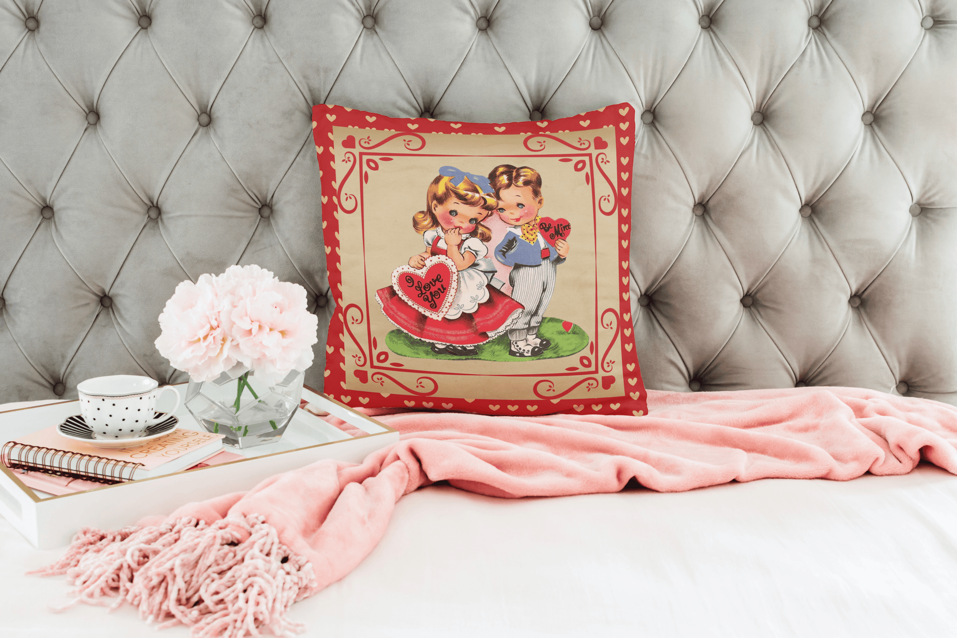 Kate McEnroe New York Vintage Valentine Boy and Girl Hearts Throw Pillow Cover Throw Pillow Covers 14" × 14" 59145142971247555627
