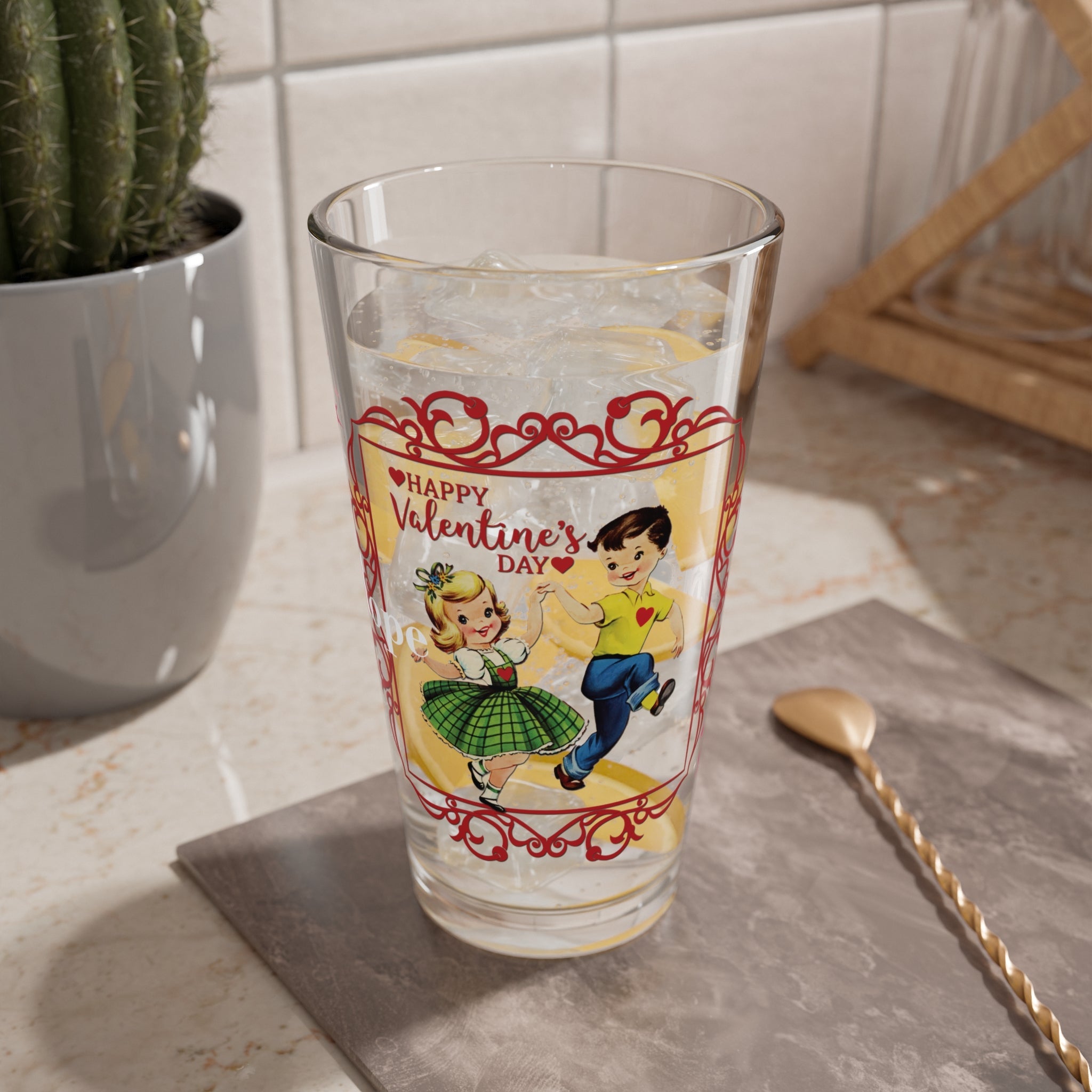 Kate McEnroe New York Vintage Valentine Pint Glass, Mid Century Modern Retro Kitschy Boy Girl Dancing, 1950s Romantic BarwarePint Glasses15268485564764585366