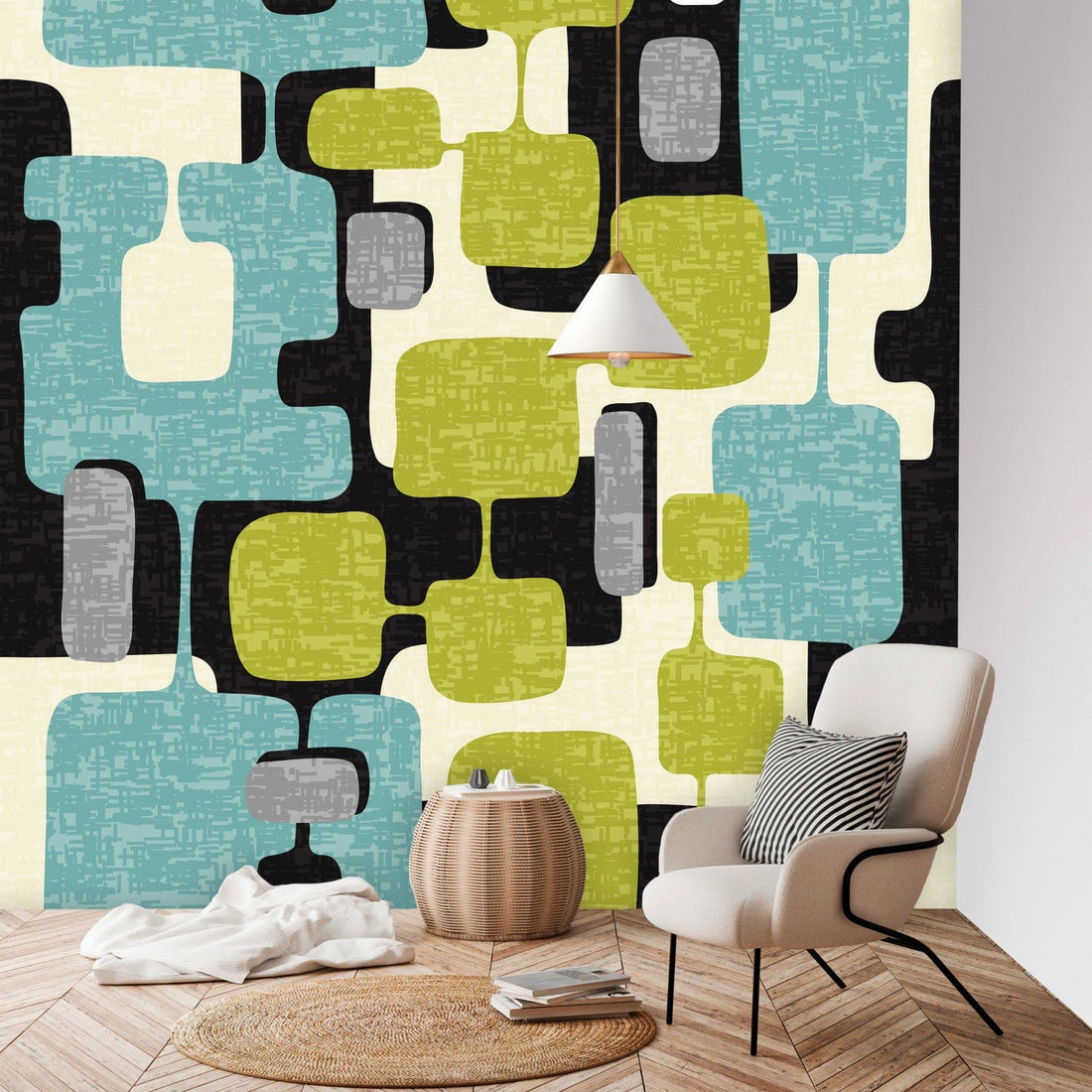 Kate McEnroe New York Wall Mural - Mid Century Modern Abstract, Retro Teal, Lime Green, Gray, Black MCM Wallpaper, Vintage Style Geometric Wall CoveringWall Mural80727