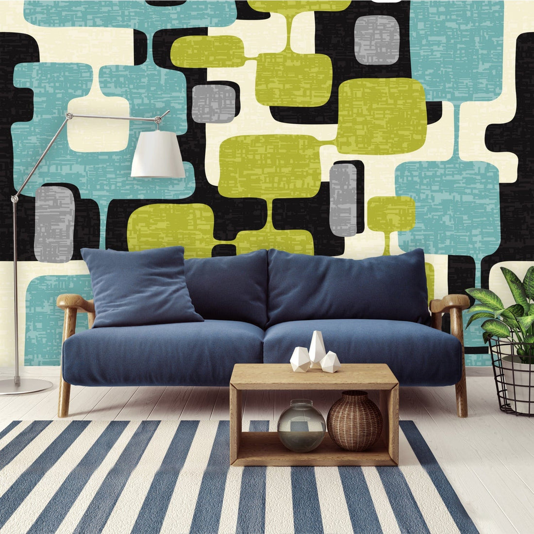 Kate McEnroe New York Wall Mural - Mid Century Modern Abstract, Retro Teal, Lime Green, Gray, Black MCM Wallpaper, Vintage Style Geometric Wall CoveringWall Mural80728