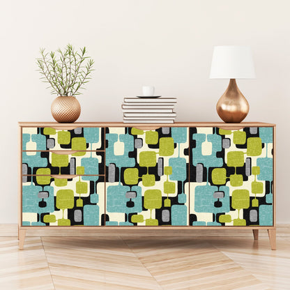 Kate McEnroe New York Wallpaper Roll, Mid Mod Abstract Block Peel and Stick, Retro Teal, Lime Green, Black MCM Geometric Wall DecorWallpaper121602