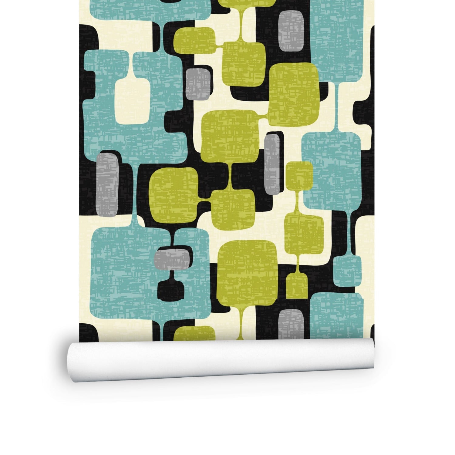 Kate McEnroe New York Wallpaper Roll, Mid Mod Abstract Block Peel and Stick, Retro Teal, Lime Green, Black MCM Geometric Wall DecorWallpaper121602