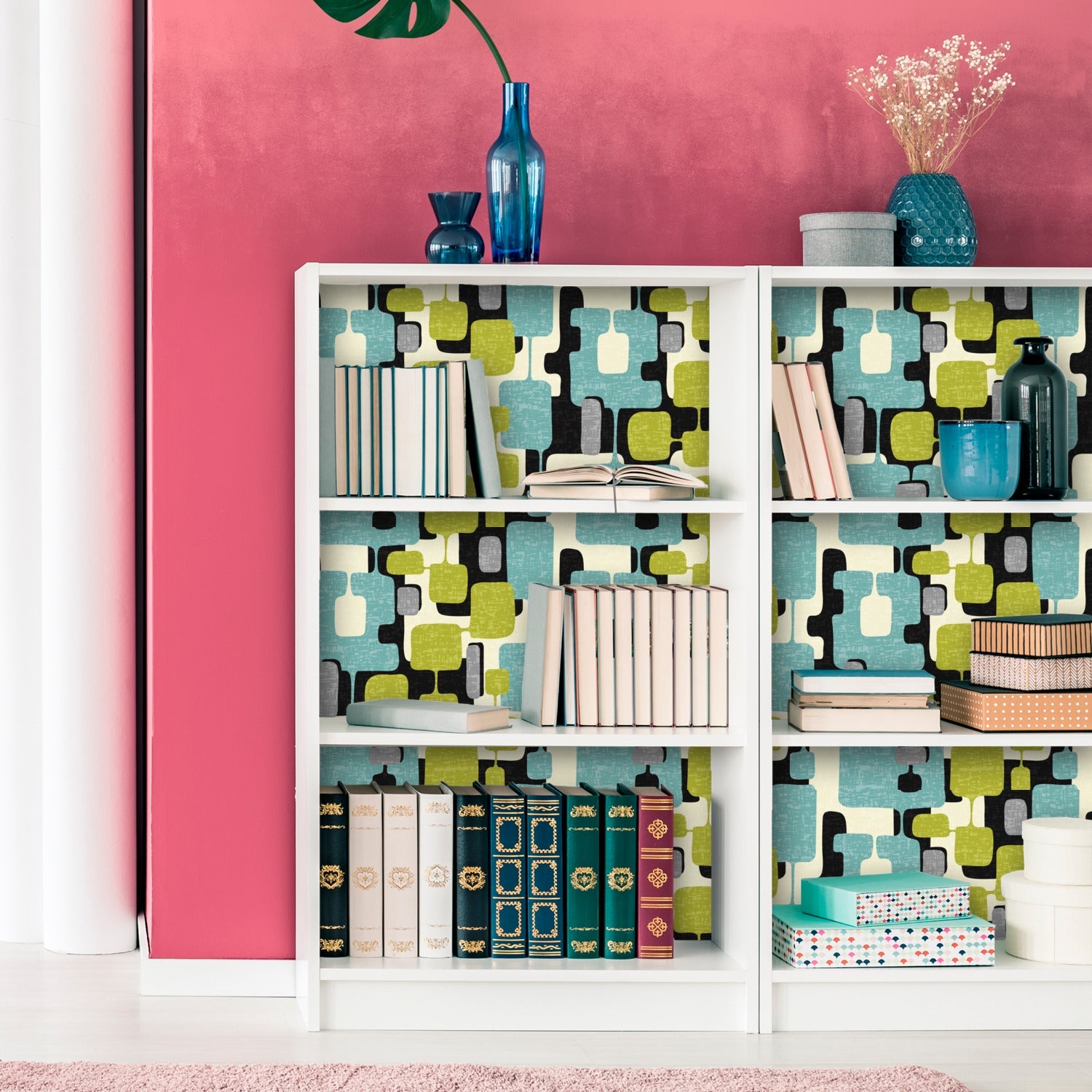 Kate McEnroe New York Wallpaper Roll, Mid Mod Abstract Block Peel and Stick, Retro Teal, Lime Green, Black MCM Geometric Wall DecorWallpaper121602