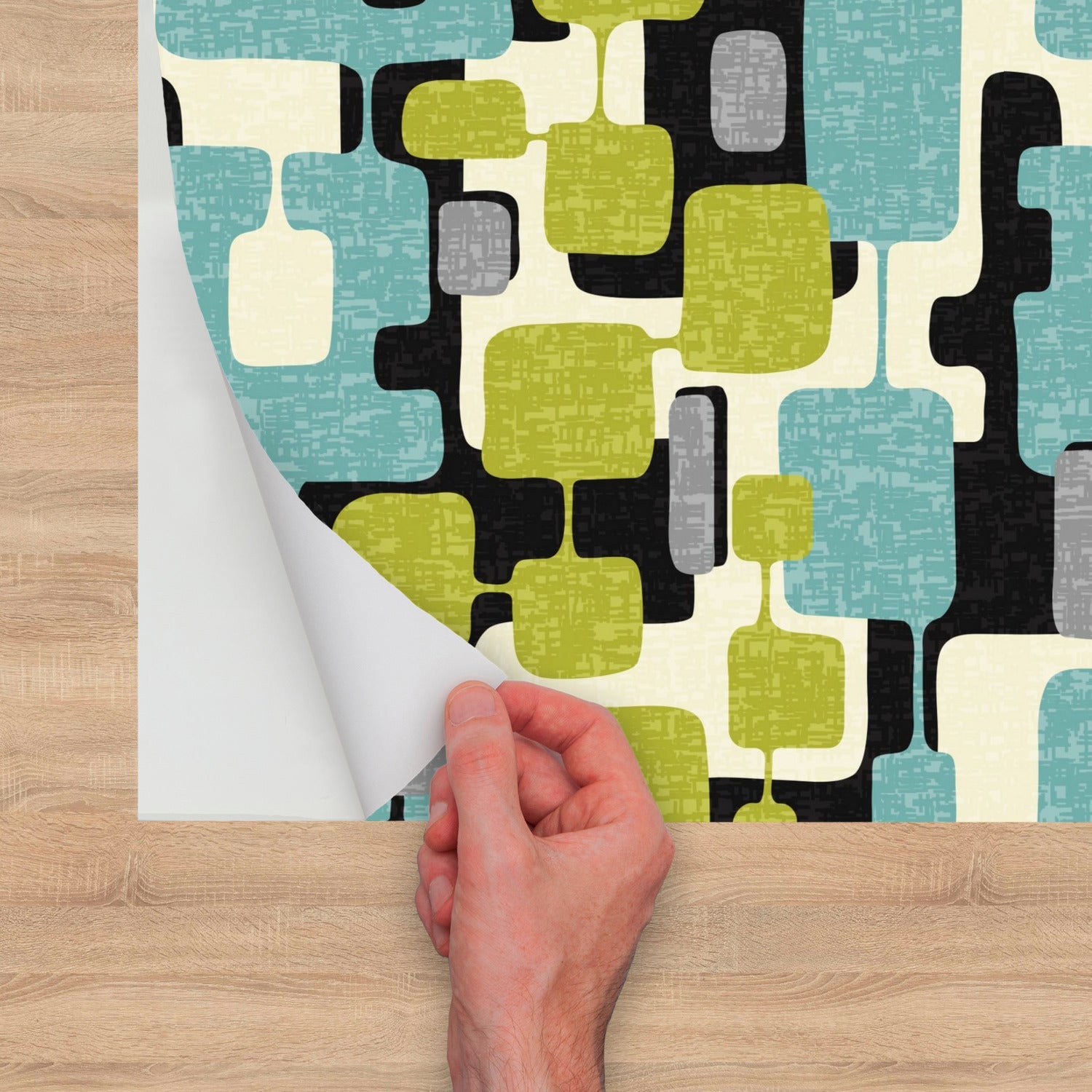 Kate McEnroe New York Wallpaper Roll, Mid Mod Abstract Block Peel and Stick, Retro Teal, Lime Green, Black MCM Geometric Wall DecorWallpaper121602