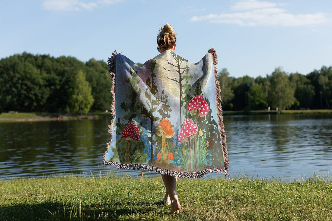 Kate McEnroe New York Whimsical Cottagecore Mushroom Forest Woven Blankets Blankets