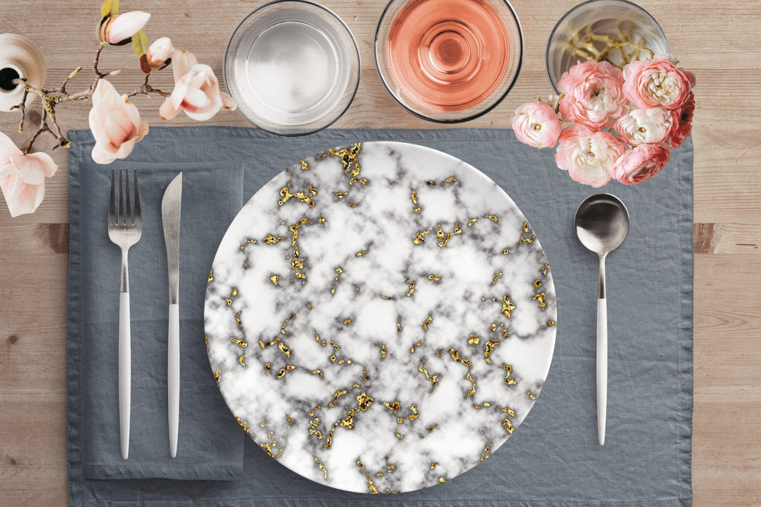 Kate McEnroe New York White And Gold Glitter Marble Print Dinner Plate SetPlates9820SINGLE
