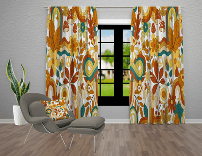Window Curtains in 70s Groovy Hippie Retro Floral Print