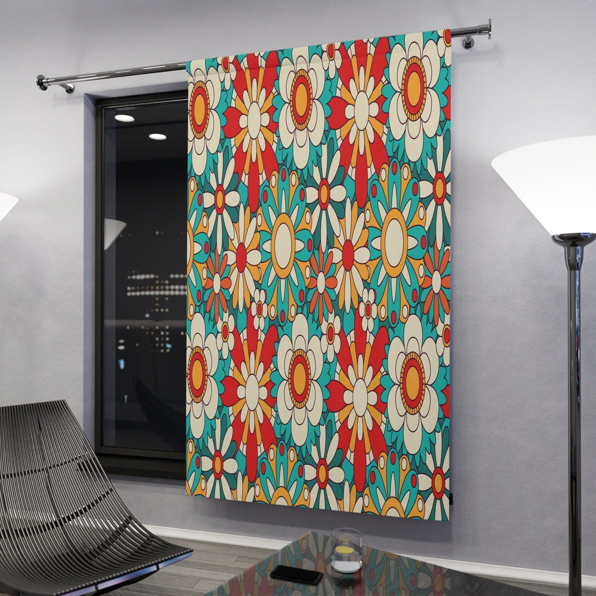 Kate McEnroe New York Window Curtains In Groovy Floral Mid Century Modern Retro Burnt Orange, Aqua Blue PrintWindow CurtainsCurtainSheer - 50x84 - DoublePanel