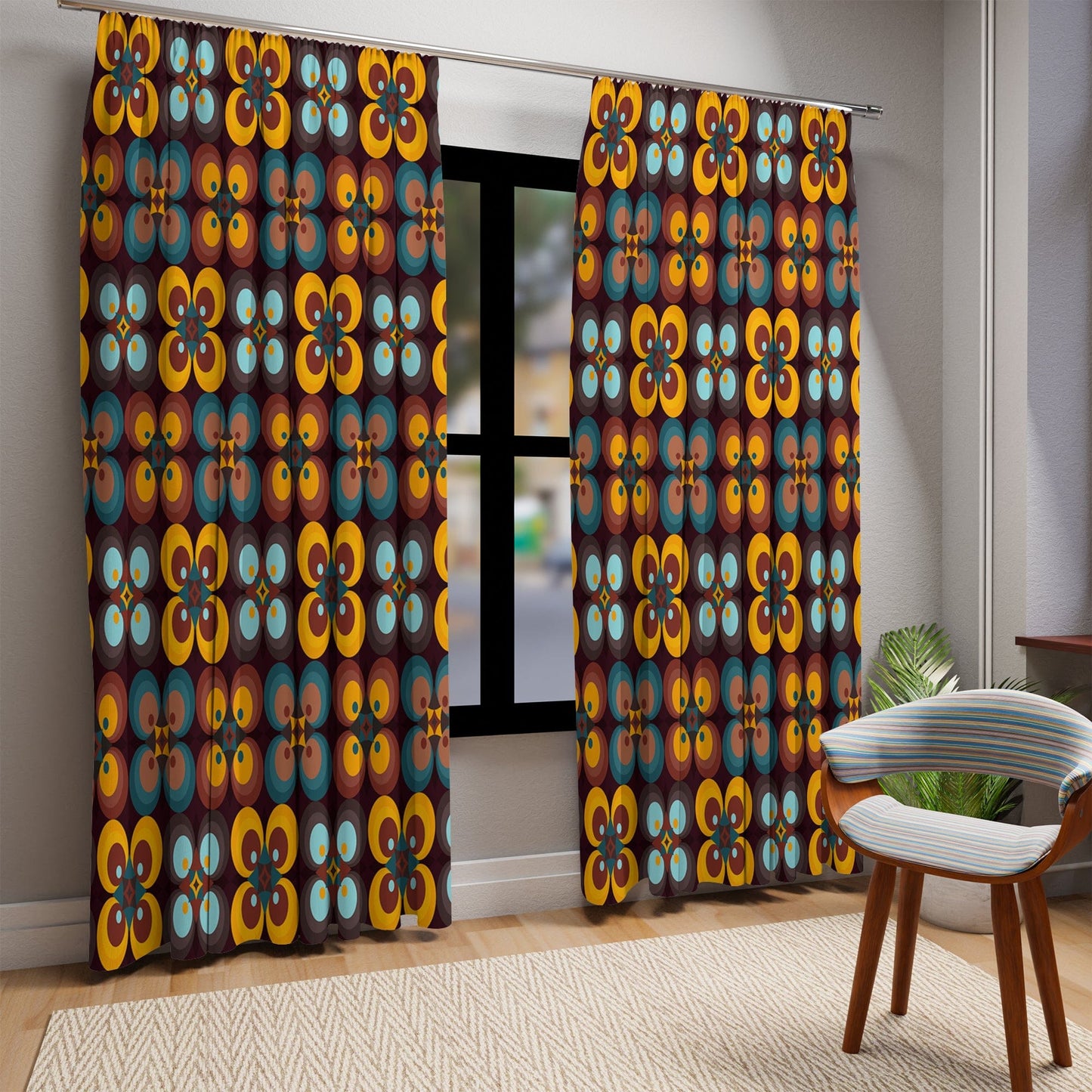 Window Curtains in Retro Geometric Groovy Mid Mod Daisy Floral