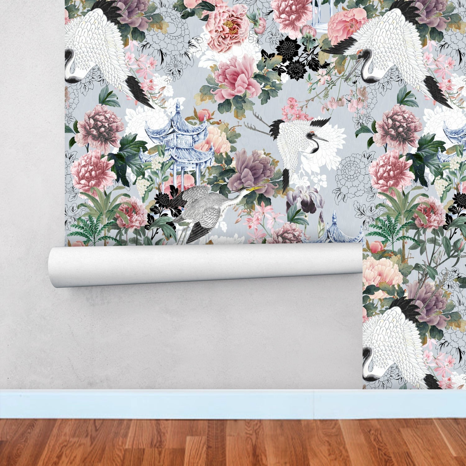 Kate McEnroe New York Yuga Tsuru Crane and Peony Peel and Stick Wallpaper PanelsWallpaper116081