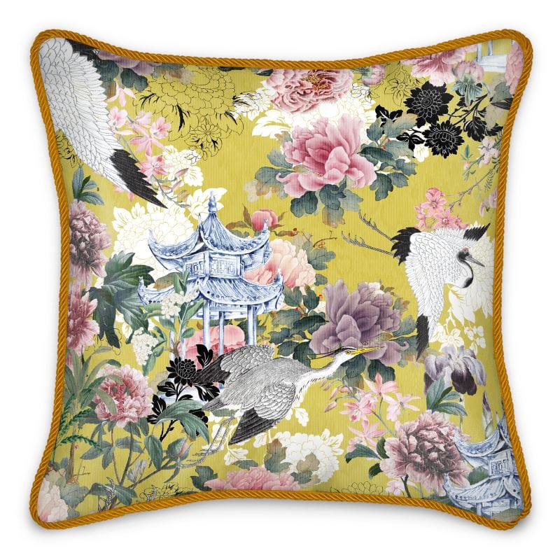 Yuga Tsuru Crane and Peony Silk Linen Pillow
