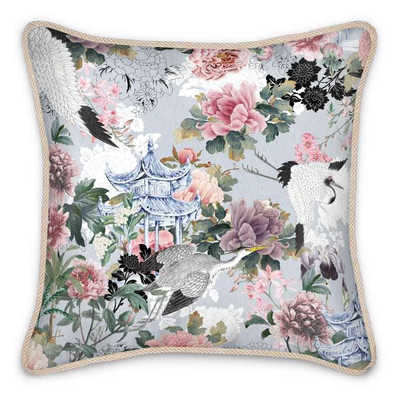 Yuga Tsuru Crane and Peony Silk Pillow