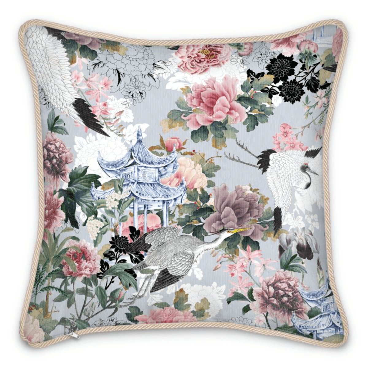 Yuga Tsuru Crane and Peony Silk Pillow