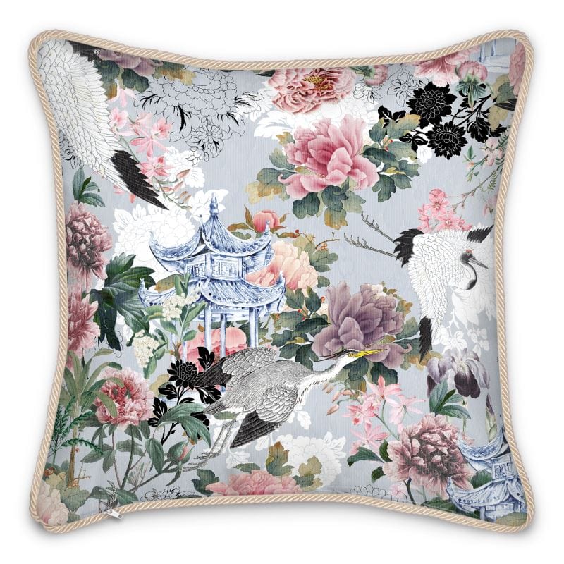 Yuga Tsuru Crane and Peony Silk Pillow