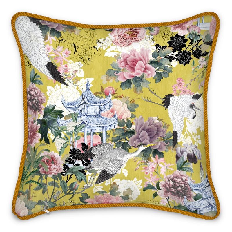 Yuga Tsuru Crane and Peony Silk Pillow