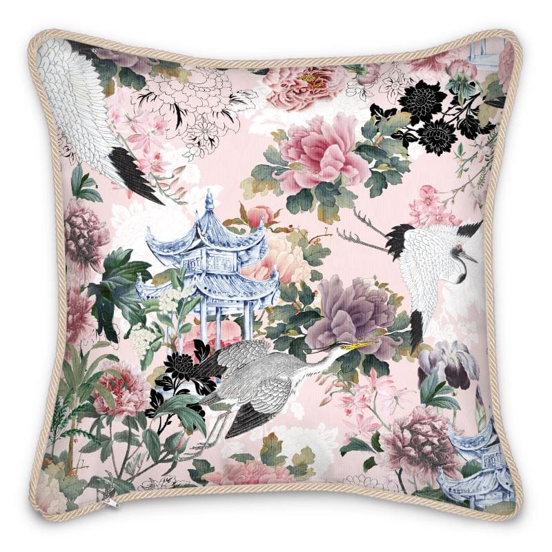 Yuga Tsuru Crane and Peony Silk Pillow