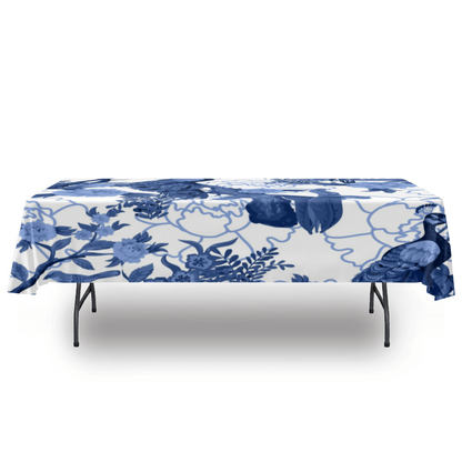 kate-mcenroe-nyc Chinoiserie Blue Peacock Tablecloth, Elegant Floral Bird Design, Classic Table Linen Tablecloths