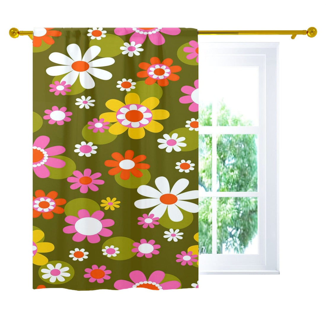 kate-mcenroe-nyc Groovy Daisy Flower Power Window Curtains, Retro Hippie Mid Mod Floral Curtain Panels, 70s MCM Living Room, Bedroom Window Decor Curtains W42&quot;x L63&quot; 89089