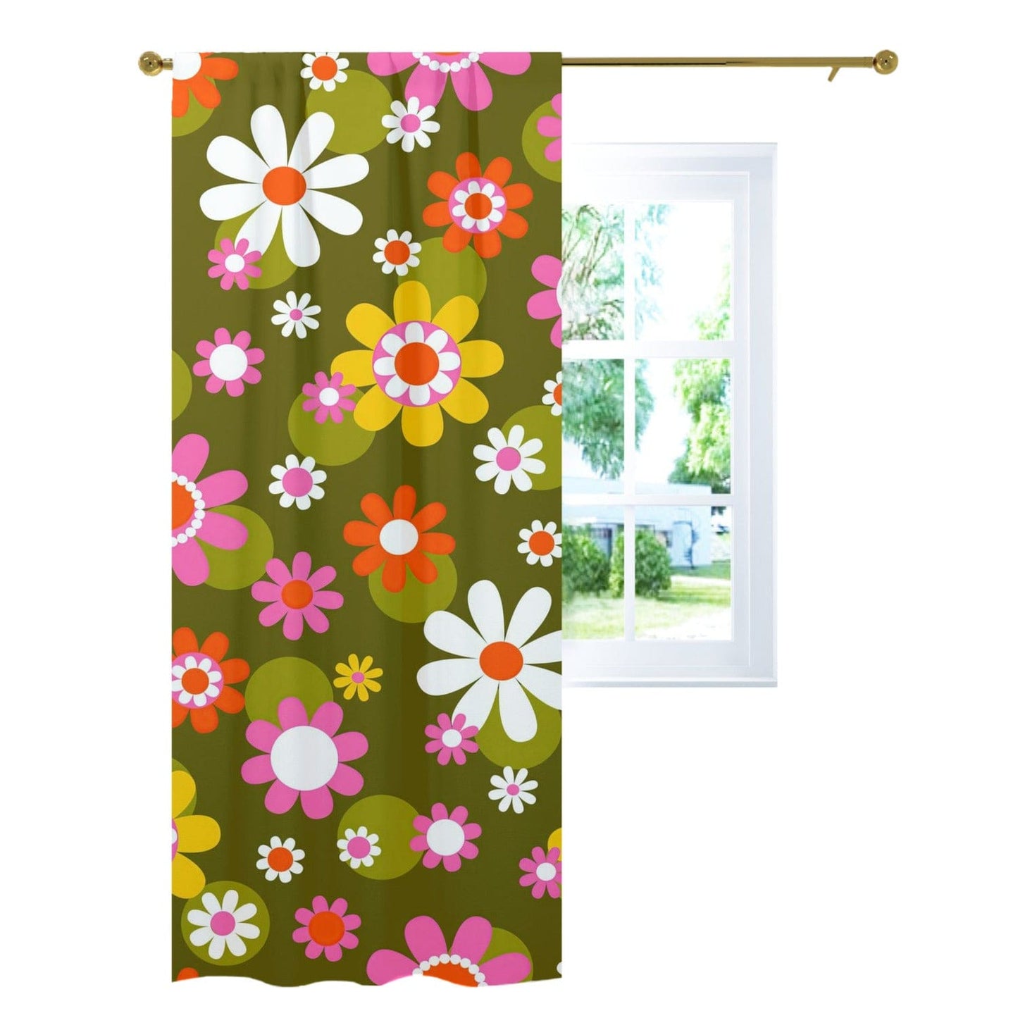kate-mcenroe-nyc Groovy Daisy Flower Power Window Curtains, Retro Hippie Mid Mod Floral Curtain Panels, 70s MCM Living Room, Bedroom Window Decor Curtains W42"x L96" 89090