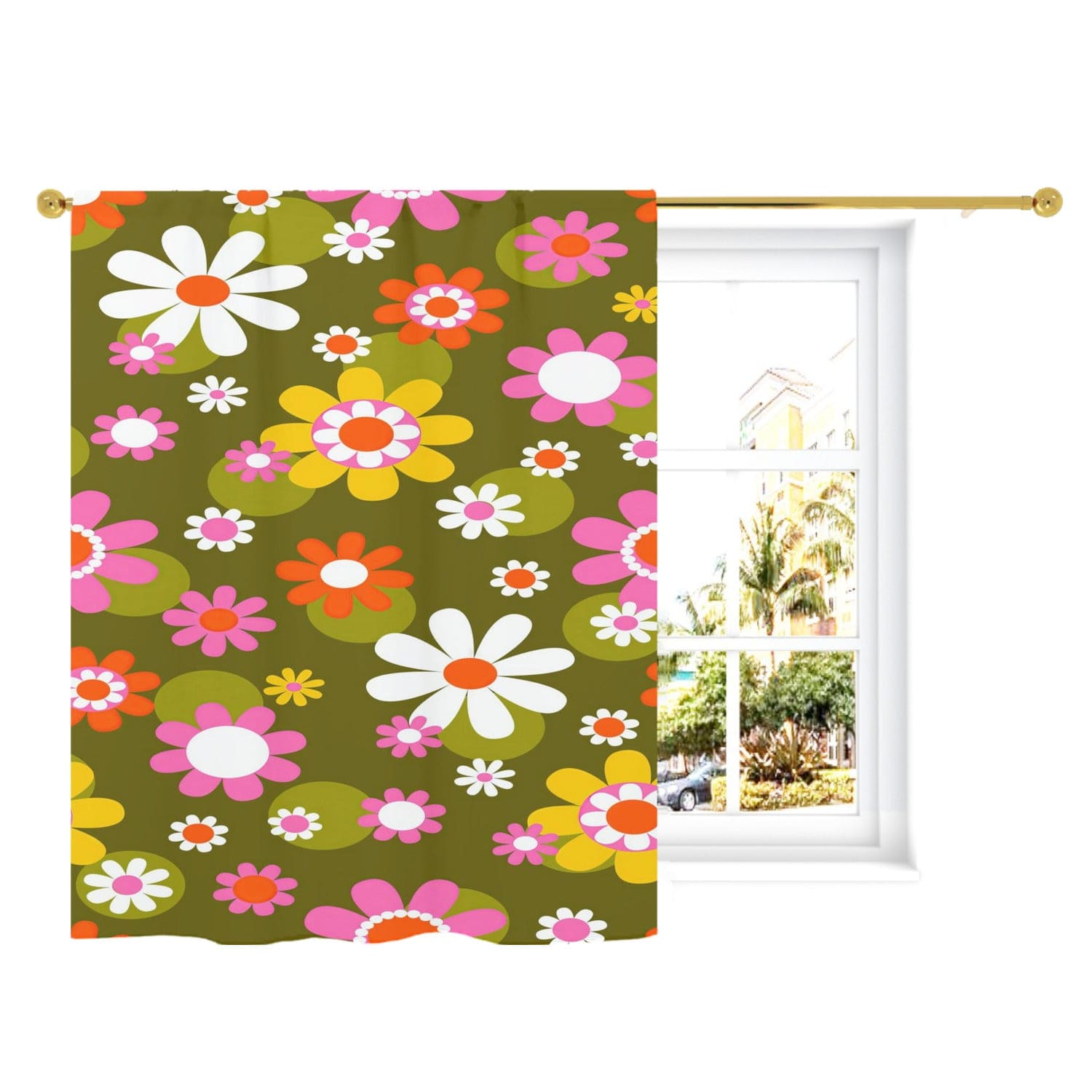 kate-mcenroe-nyc Groovy Daisy Flower Power Window Curtains, Retro Hippie Mid Mod Floral Curtain Panels, 70s MCM Living Room, Bedroom Window Decor Curtains W52&quot;x L63&quot; 89091