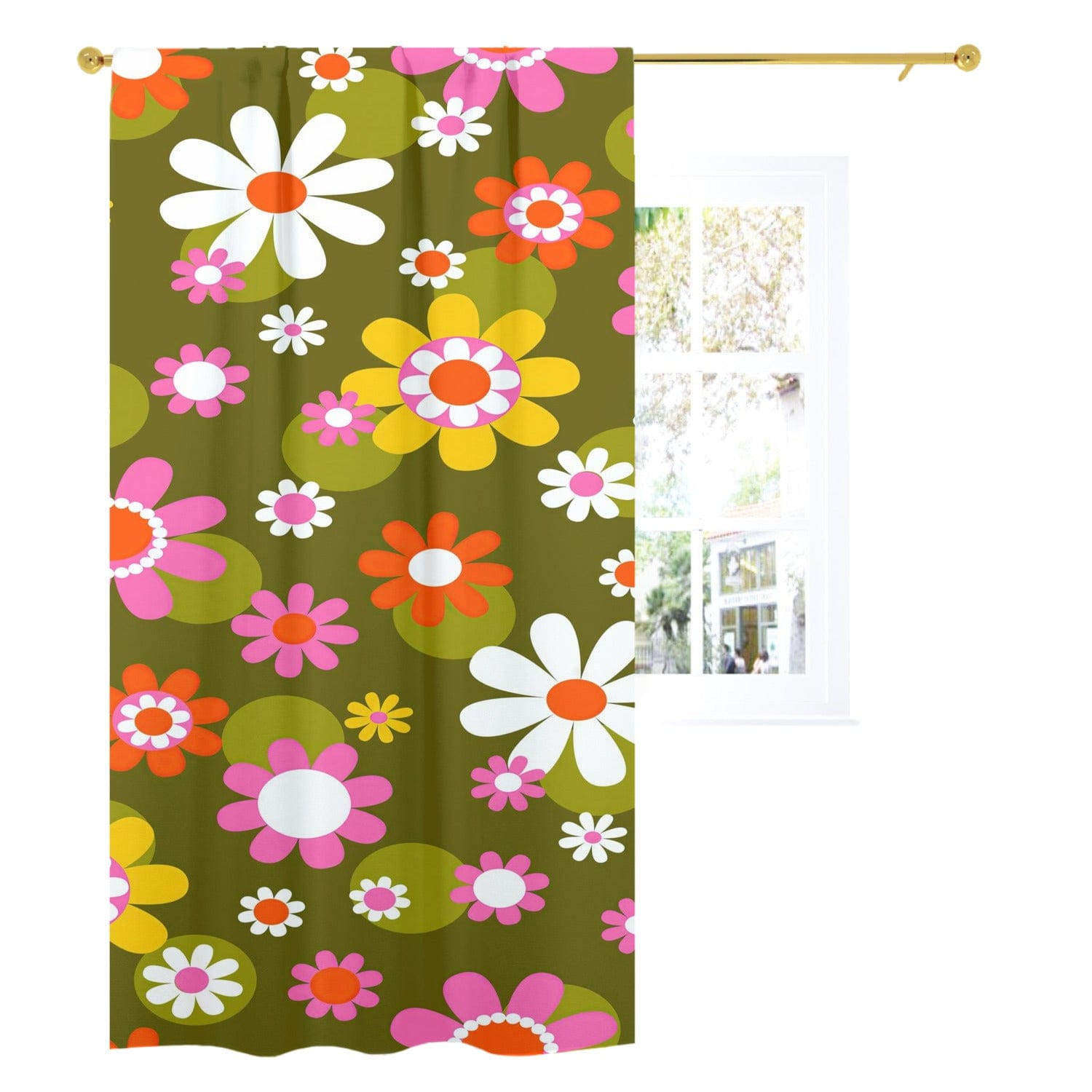 kate-mcenroe-nyc Groovy Daisy Flower Power Window Curtains, Retro Hippie Mid Mod Floral Curtain Panels, 70s MCM Living Room, Bedroom Window Decor Curtains W52&quot;x L96&quot; 89093
