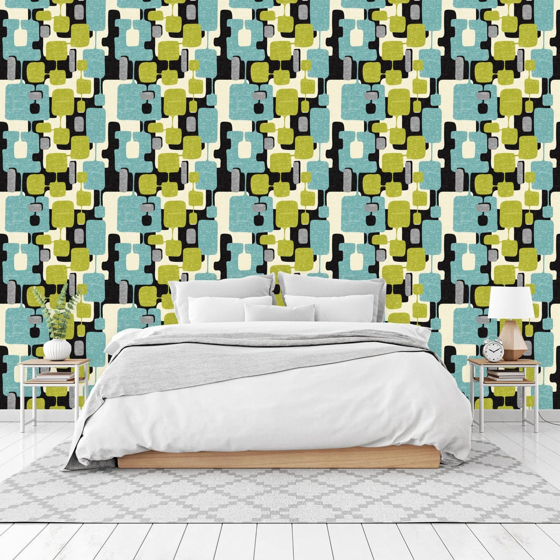 kate-mcenroe-nyc Mid Century Modern Abstract Peel and Stick Wallpaper Panels in Retro Teal, Lime Green, Gray, and Cream Hues Wallpaper Sample H12 x W20&quot; 75643